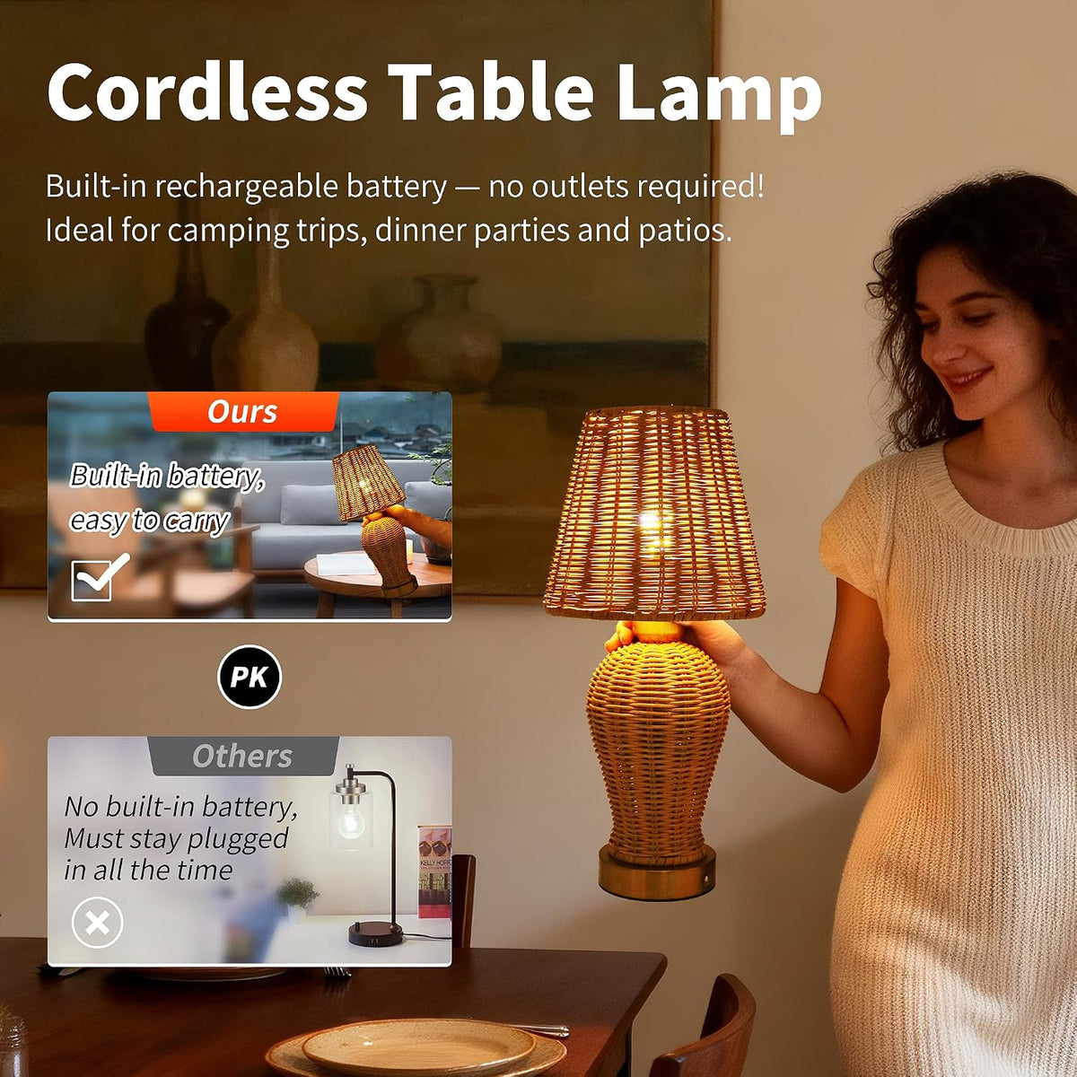 Boho Rattan Rechargeable Cordless Table Lamp, Touch Dimmable Battery Operated Table Light, for Patio Restaurant Kitchen