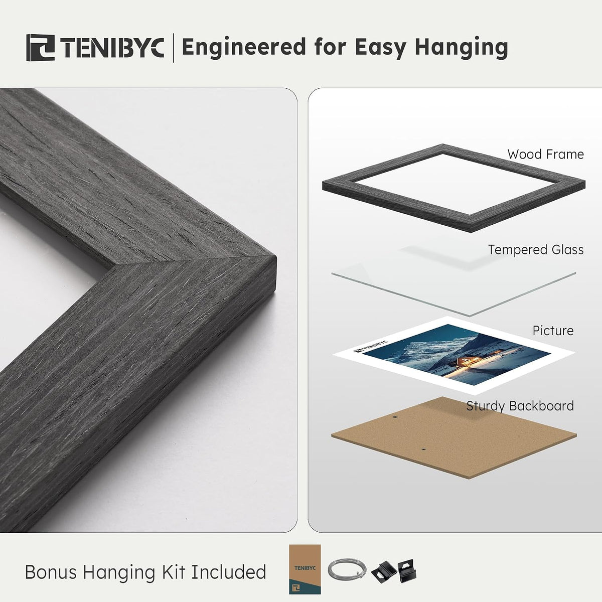 11x14 Picture Frame 3 Pack, Grey Wood, Real Glass, for Photo, Art | Thick HD Tempered Glass, Wall Hanging, Horizontal