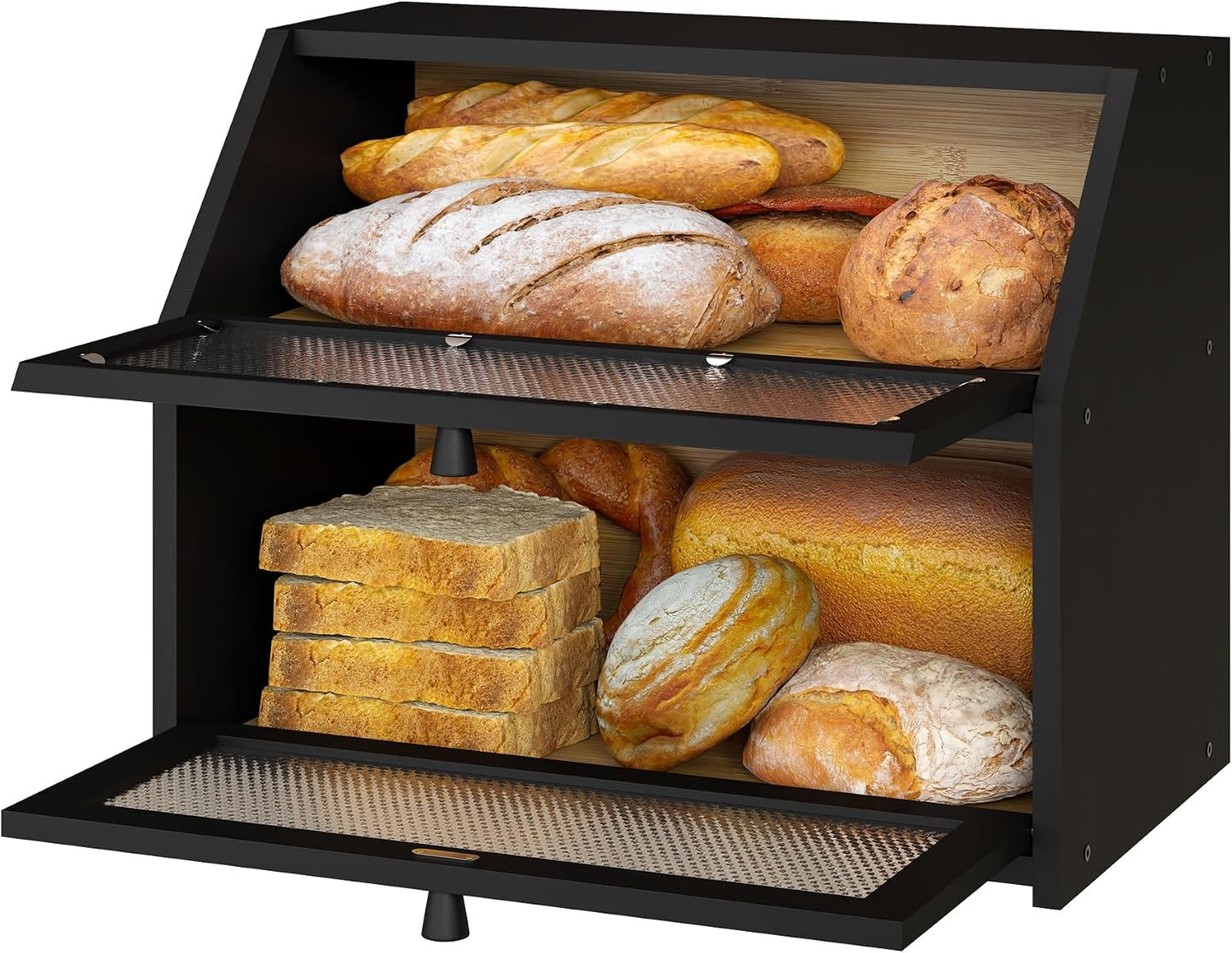 Bread Box, Bamboo Wood Bread Box for Kitchen Counter, Double-layer Bread Storage Bin, Acrylic glass with Diamond