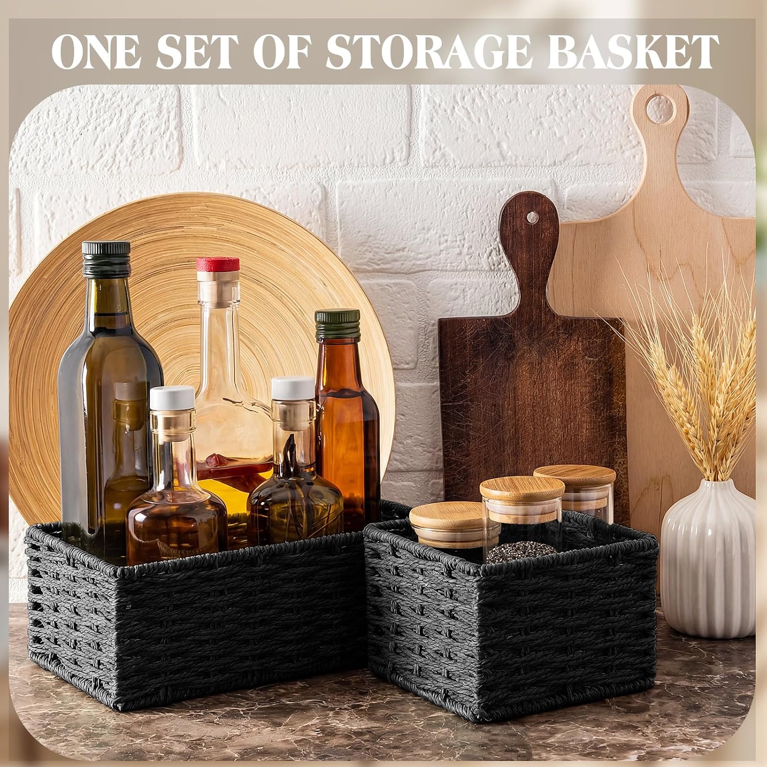 Storage Baskets Set Rustic Paper Rope Woven Decorative Basket / Classic / Black / Set of 4