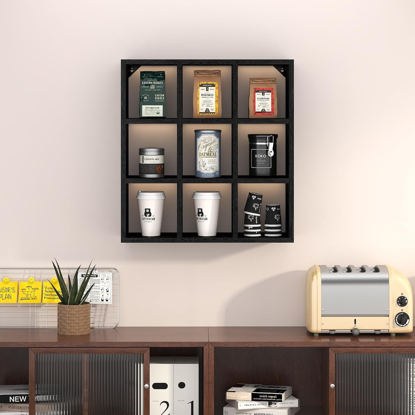 Helsin 9 Grid Vintage Coffee Mug Display Rack, 16inch Wall Mounted Wooden Curio Shadow Box Shelf, Cup Floating Shelves