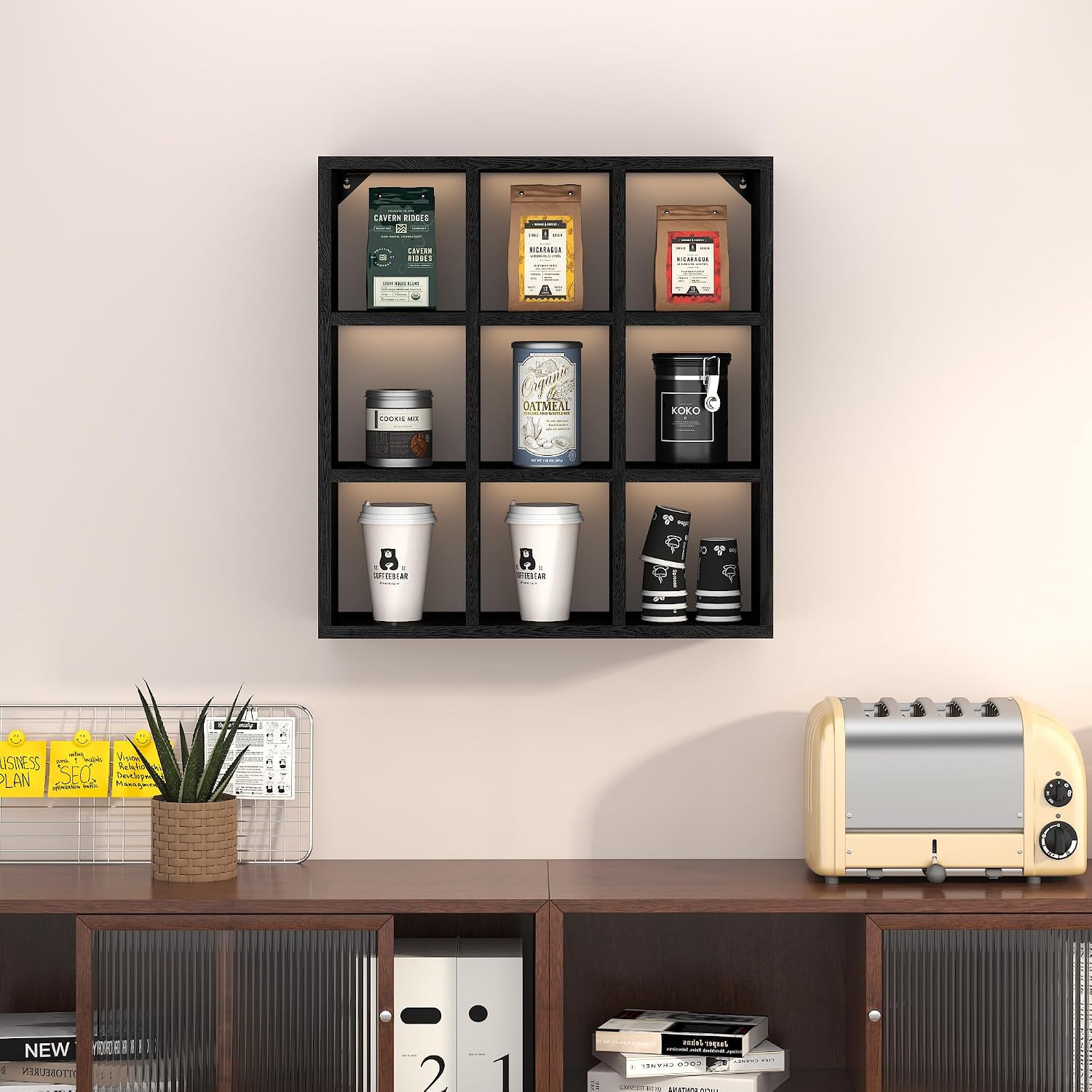 Helsin 9 Grid Vintage Coffee Mug Display Rack, 16inch Wall Mounted Wooden Curio Shadow Box Shelf, Cup Floating Shelves