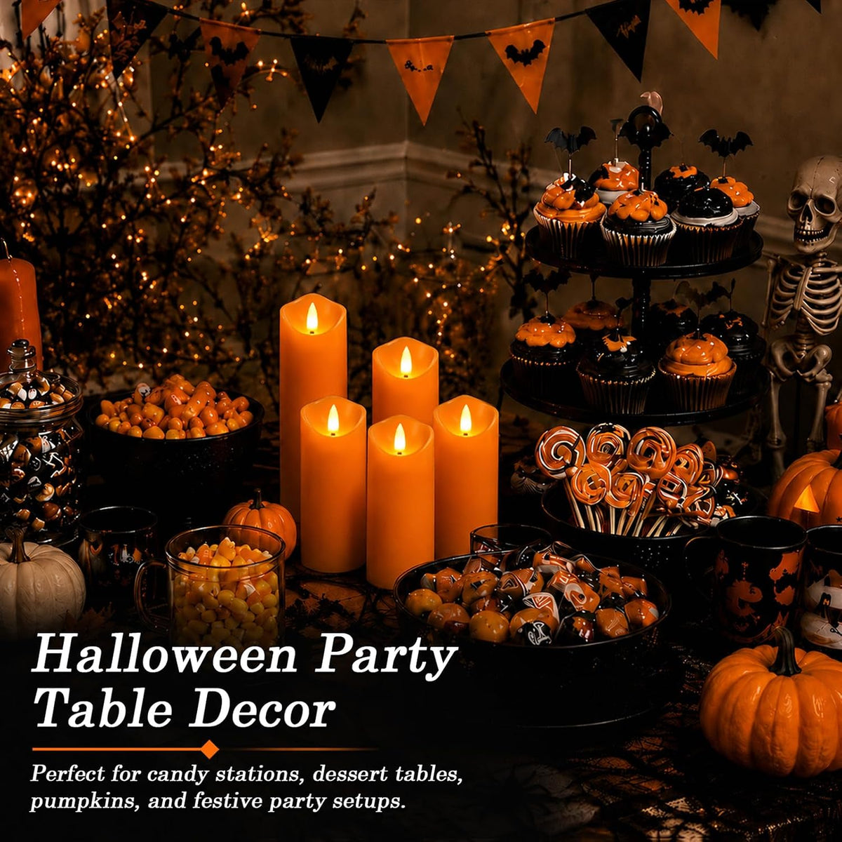 Homemory Orange Halloween Flameless Candles, Remote Timer, 9 Pack | Battery operated LED pillar candles, remote timer