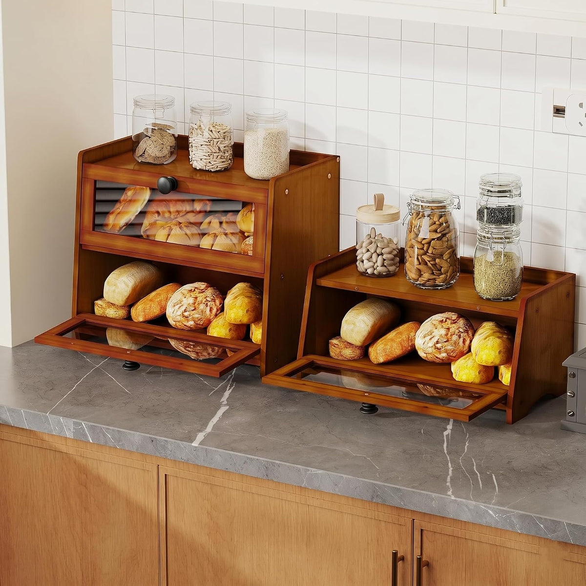 BAMBANG Bread Box for Kitchen Countertop, Extra Large Bamboo Bread Storage Container for Homemade Bread, Double Layer