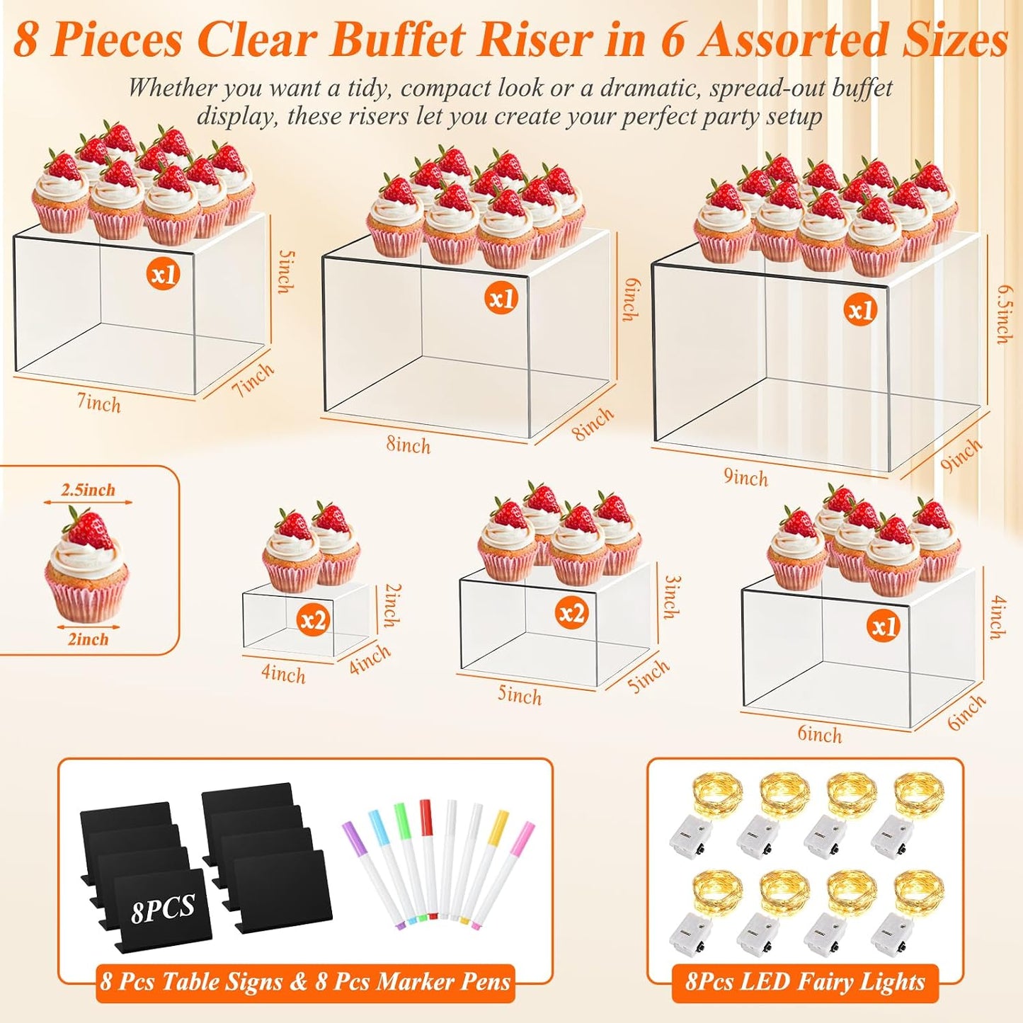 8 Pcs Clear Acrylic Buffet Risers with LED Fairy Lights, Acrylic Food Risers with Mini Sign and Maker, Clear Buffet