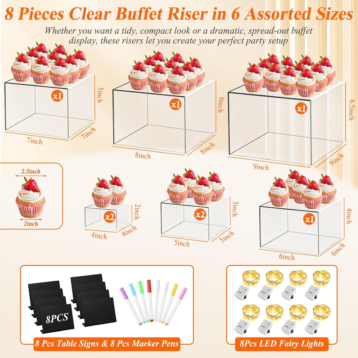 8 Pcs Clear Acrylic Buffet Risers with LED Fairy Lights, Acrylic Food Risers with Mini Sign and Maker, Clear Buffet