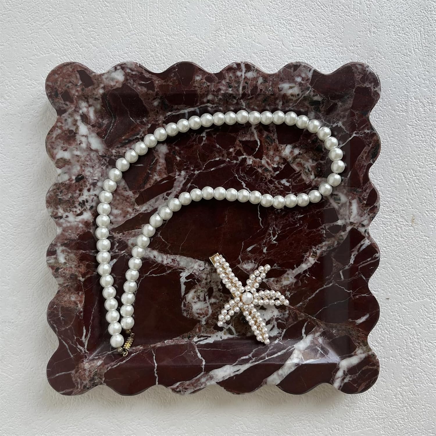 Vintage Marble Tray Small Ornaments Scalloped Tray Handmade Storage Dish / Rosa Levanto / Natural