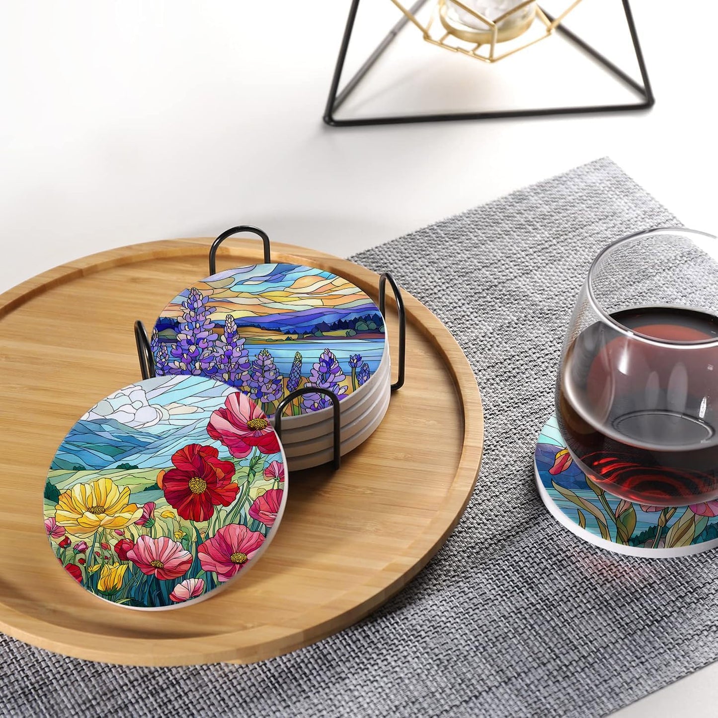 Holder / Drink Absorbent Coasters / Stained Glass Flowers / Round / Set of 6