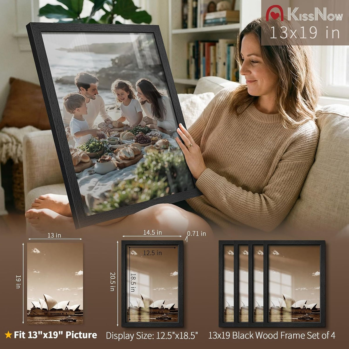 13x19 Picture Frame 4 Pack, Black Solid Wood, Gallery Wall Hanging | Thick & Wide Border, HD Tempered Glass, Vertical