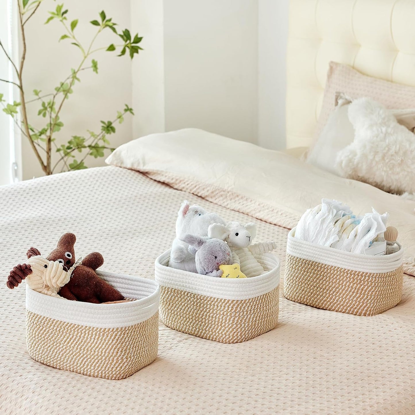 Bathroom Storage Basket / White & Mixed Camel / 10.6 x 6.7 x 6.7