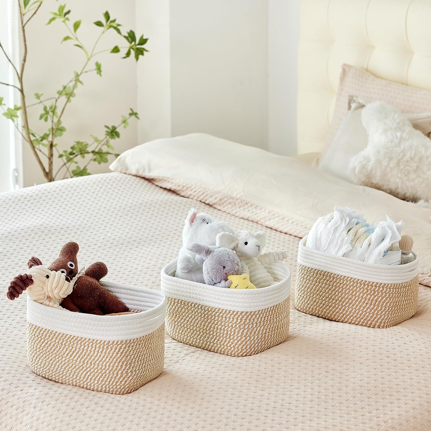 Bathroom Storage Basket / White & Mixed Camel / 10.6 x 6.7 x 6.7