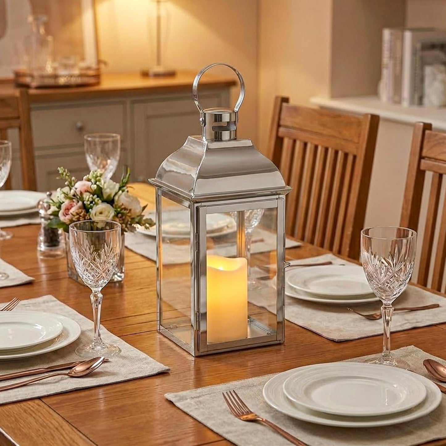 JHY DESIGN Silver Decorative Lanterns 12.5''High Stainless Steel Candle Lanterns with Tempered Glass for Indoor Outdoor