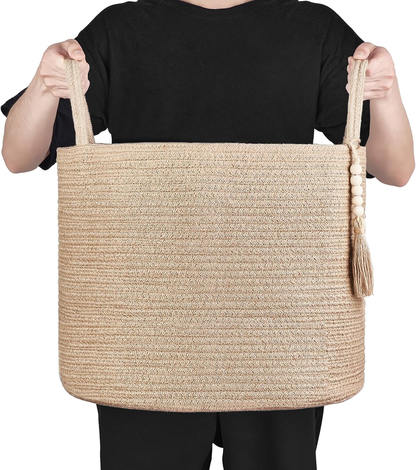 Woven Storage Basket Decorative Natural Rope Basket Wooden Bead Decoration / Brown / 16" W x 13.8"L