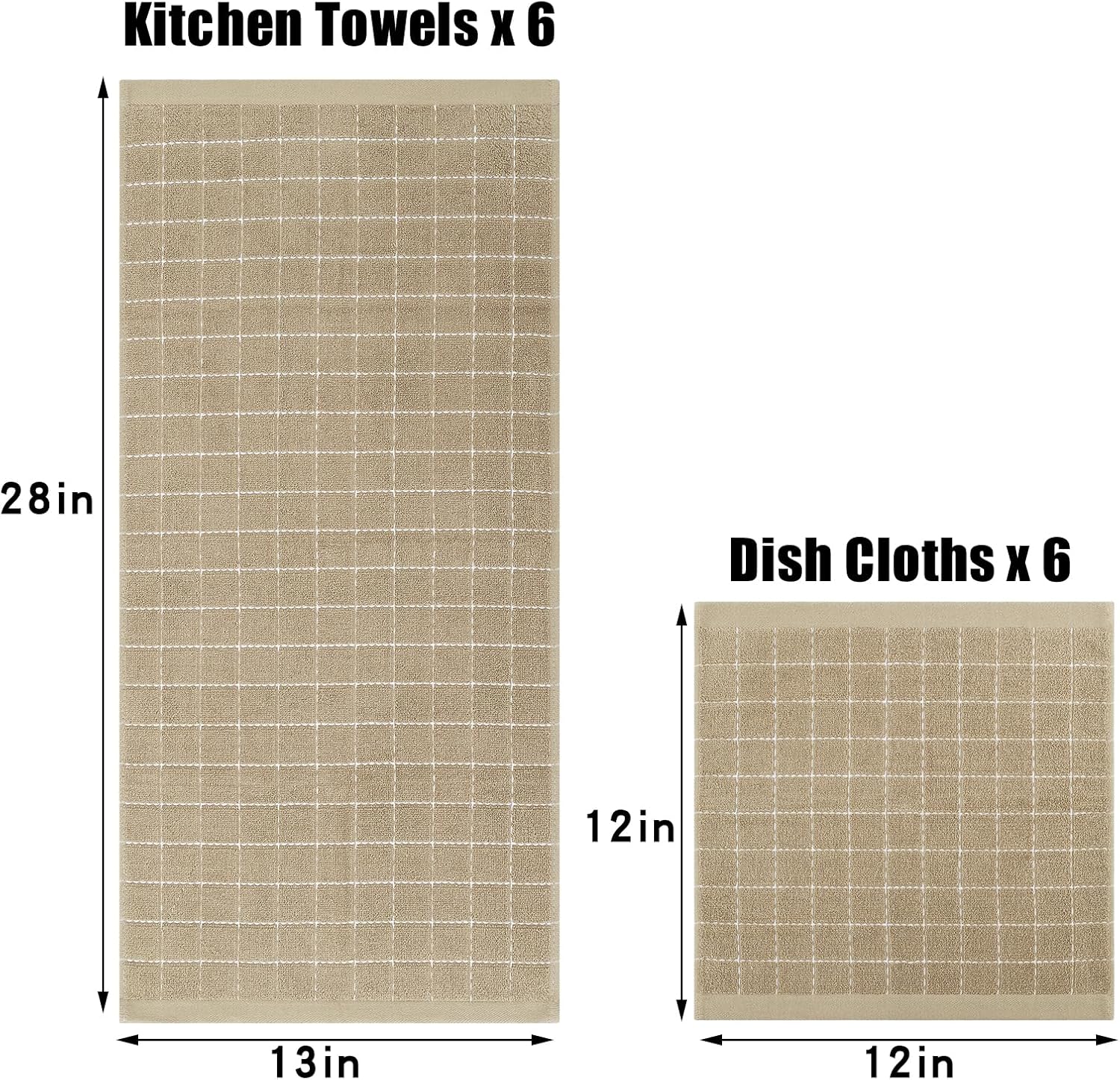 Homaxy Kitchen Towels and Dishcloths Set, Set of 12, Tan | Bulk Cotton Terry Kitchen Towels, Checkered Designed, Soft