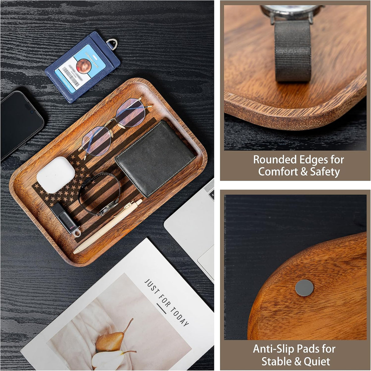 2PCS American Flag Serving Acacia Wood Valet Tray for Men Women Catch All Acacia Wooden Tray Gift, Mens Key Tray