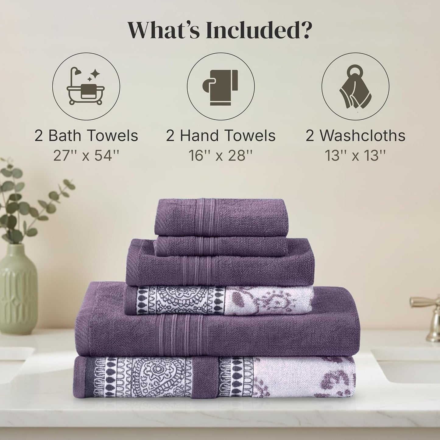 Modern Threads 6 Piece Bath Towel Set – Bathroom Set with 2 Bath Towels, 2 Hand Towels, and 2 Wash Cloths – 100%