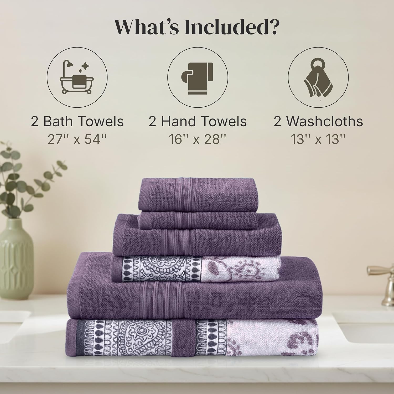 Modern Threads 6 Piece Bath Towel Set – Bathroom Set with 2 Bath Towels, 2 Hand Towels, and 2 Wash Cloths – 100%