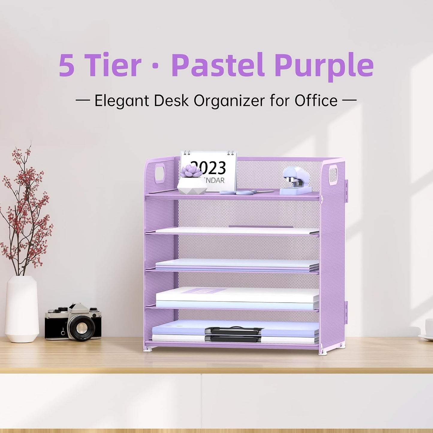2 Pack 5-Tier Purple Desk Organizer with Handle Mesh Desk File/Paper Organizer Letter Tray for Office, School and Home
