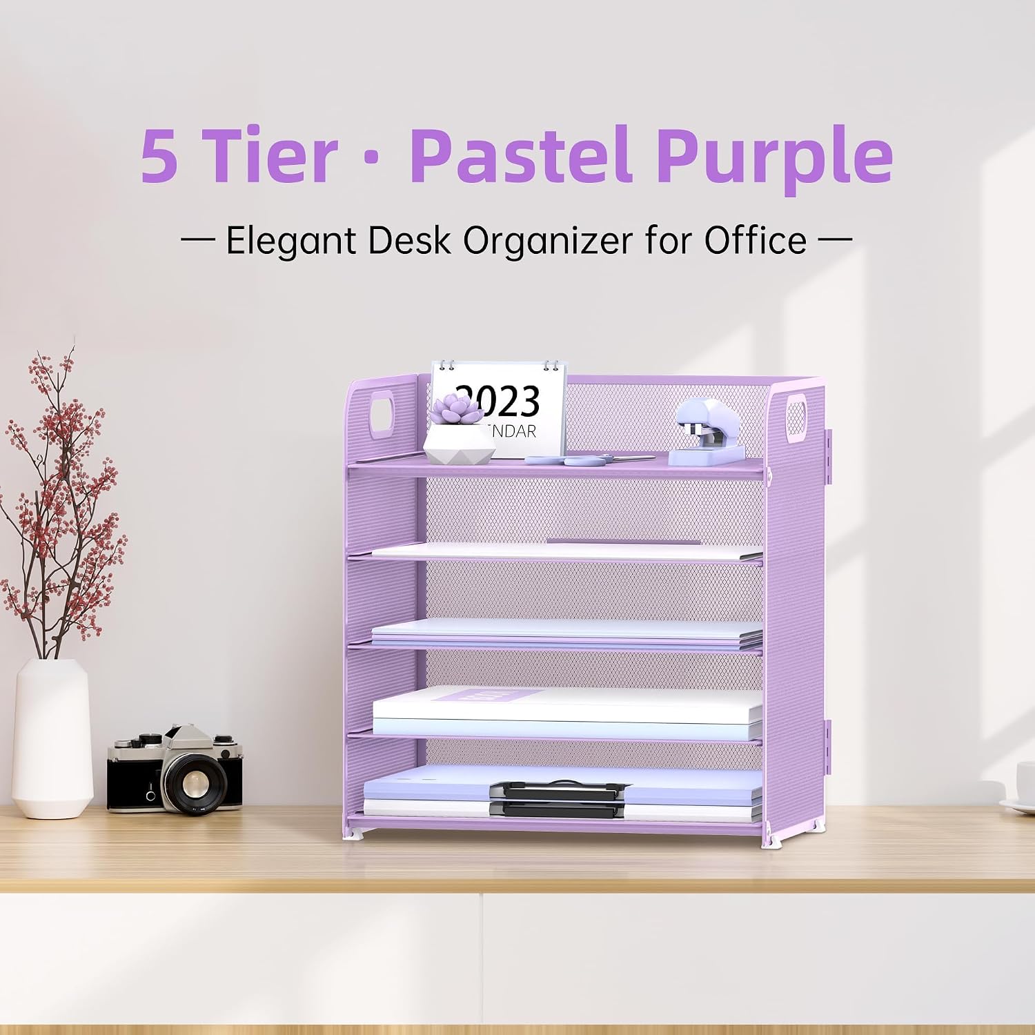 2 Pack 5-Tier Purple Desk Organizer with Handle Mesh Desk File/Paper Organizer Letter Tray for Office, School and Home