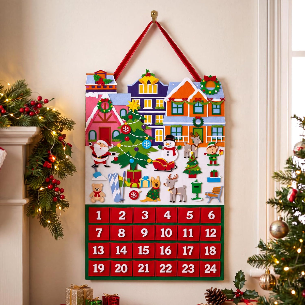 Watersay Christmas Advent Calendar Felt Wall Hanging with 24 Pockets