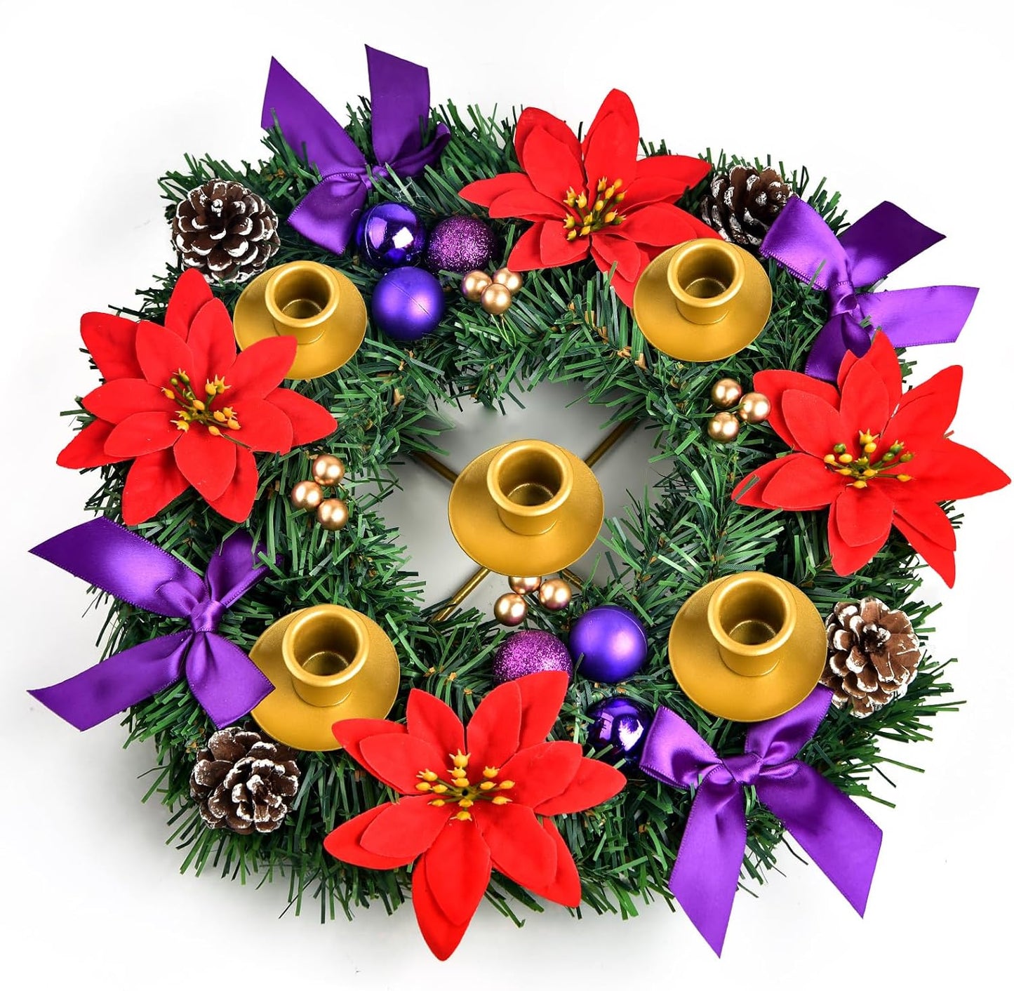 12 Inch Christmas Advent Wreath 5 Candle Holder with Metal Candle Cups for Taper Candles Fire Retardant Centerpiece