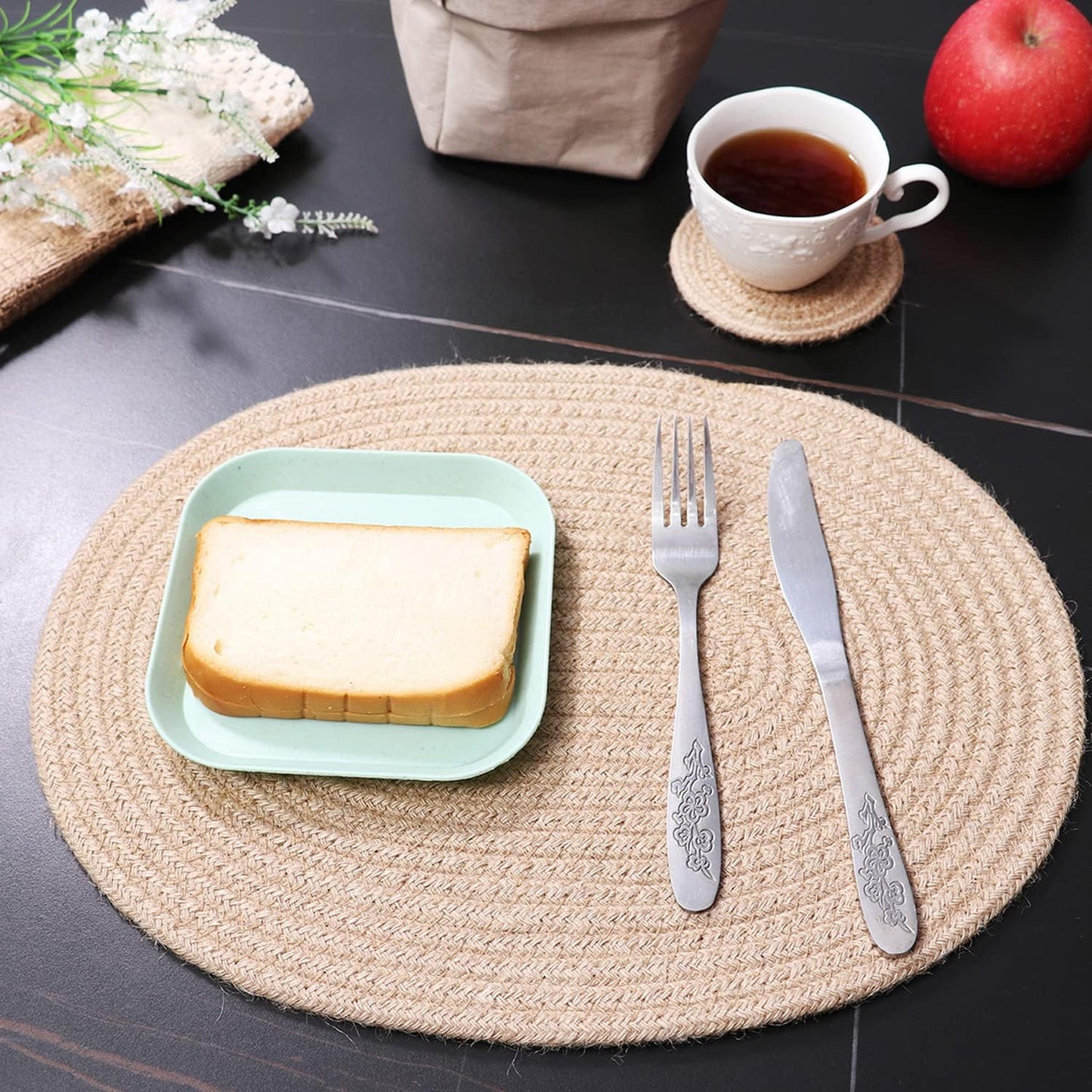 Jute Woven Oval Placemats Set of 6, Brown Plate Charger 12x16 inches Jute Heat Resistant Non-Slip Weave Place mats