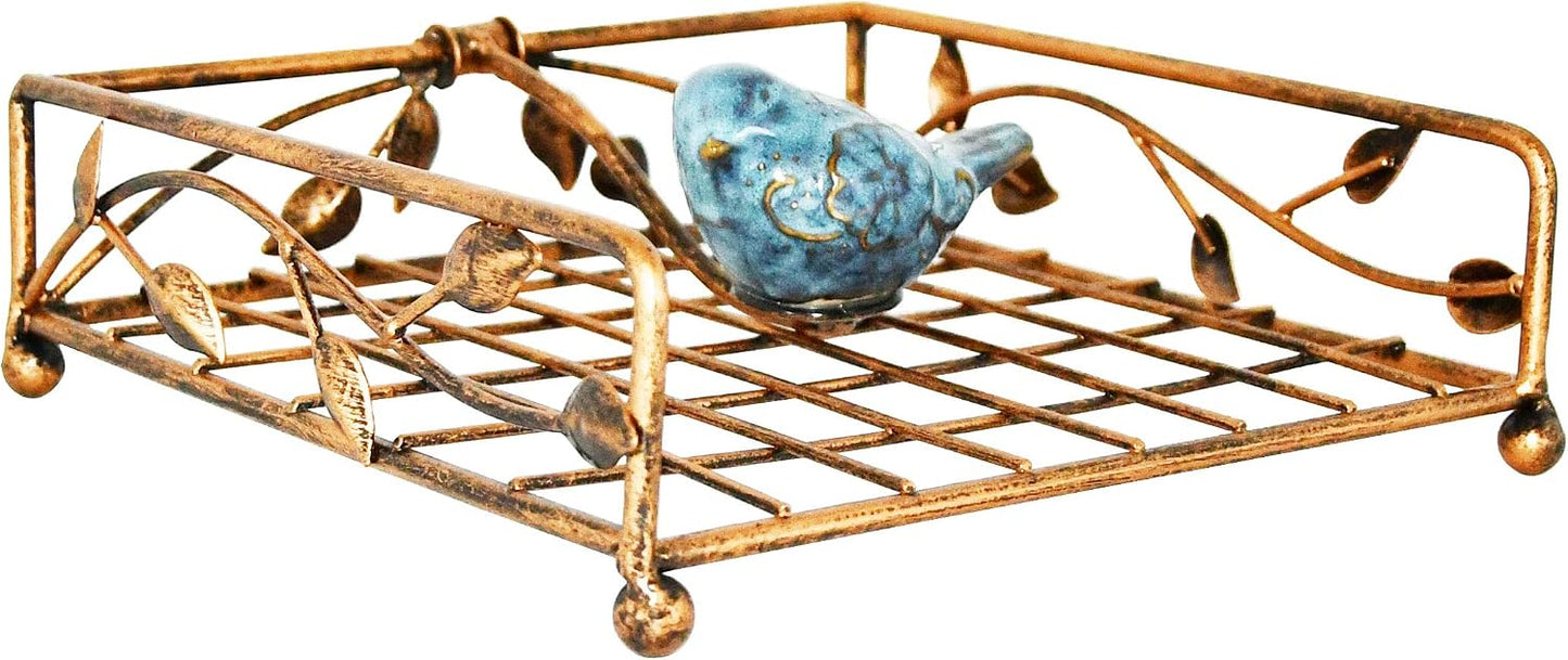 Collection Coated Metal Flat Napkin Holder Dispensing Stand w/Ceramic Bird / Bronze / One Size