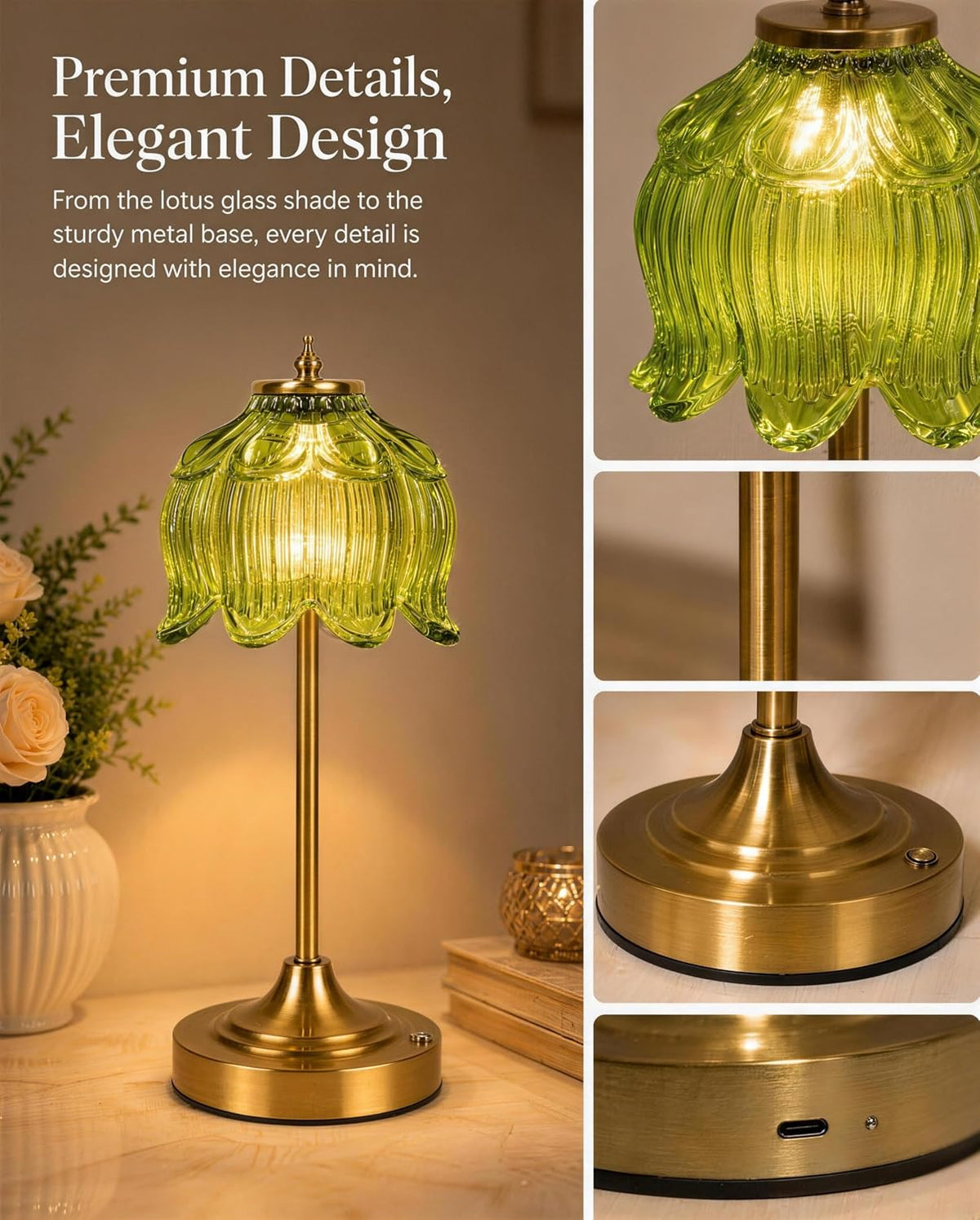 Lotus Flower Cordless Rechargeable Table Lamp, 3 Color Modes, Touch Control | 5200mAh Battery Powered Glass Table Lamp