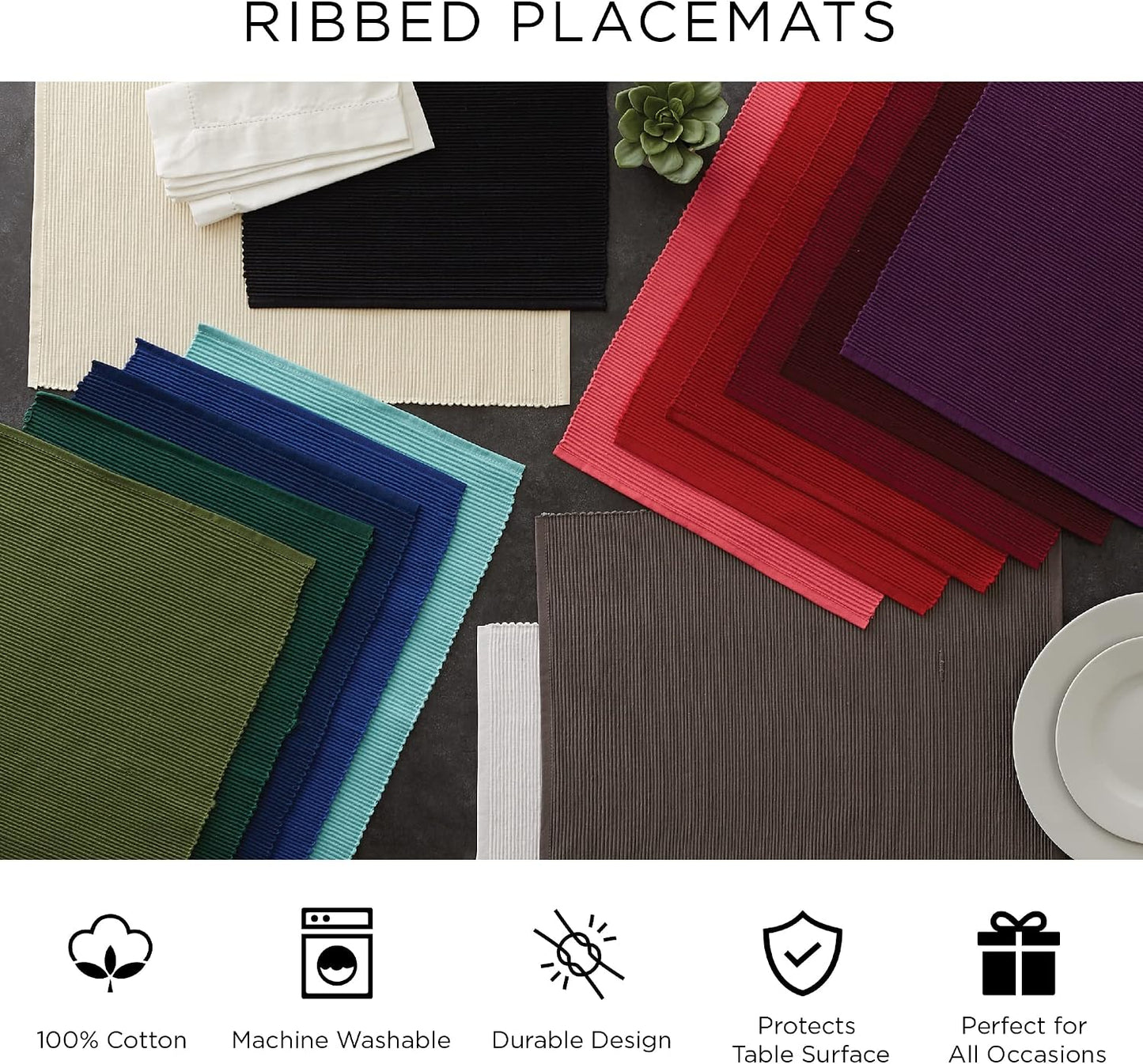 DII Basic Everyday Ribbed Tabletop 100% Cotton, Placemat Set, 13x19, Dark Green, 6 Piece