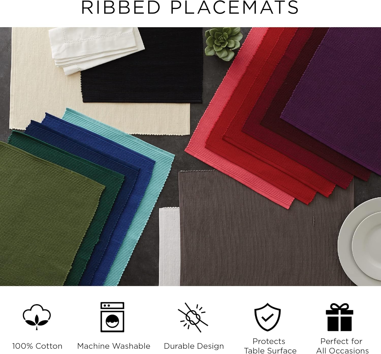 DII Basic Everyday Ribbed Tabletop 100% Cotton, Placemat Set, 13x19, White, 6 Piece