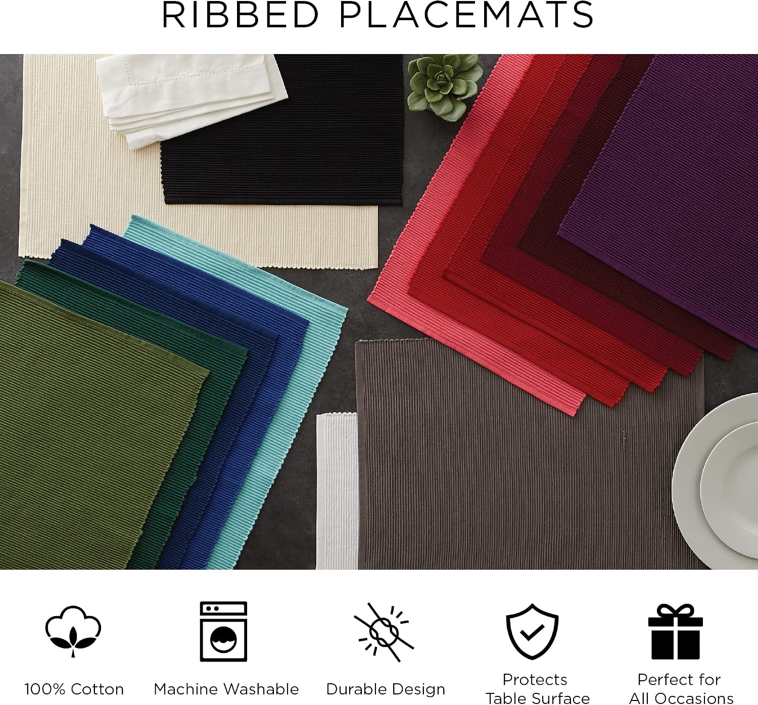 DII Basic Everyday Ribbed Tabletop 100% Cotton, Placemat Set, 13x19, Summer Check, 6 Piece