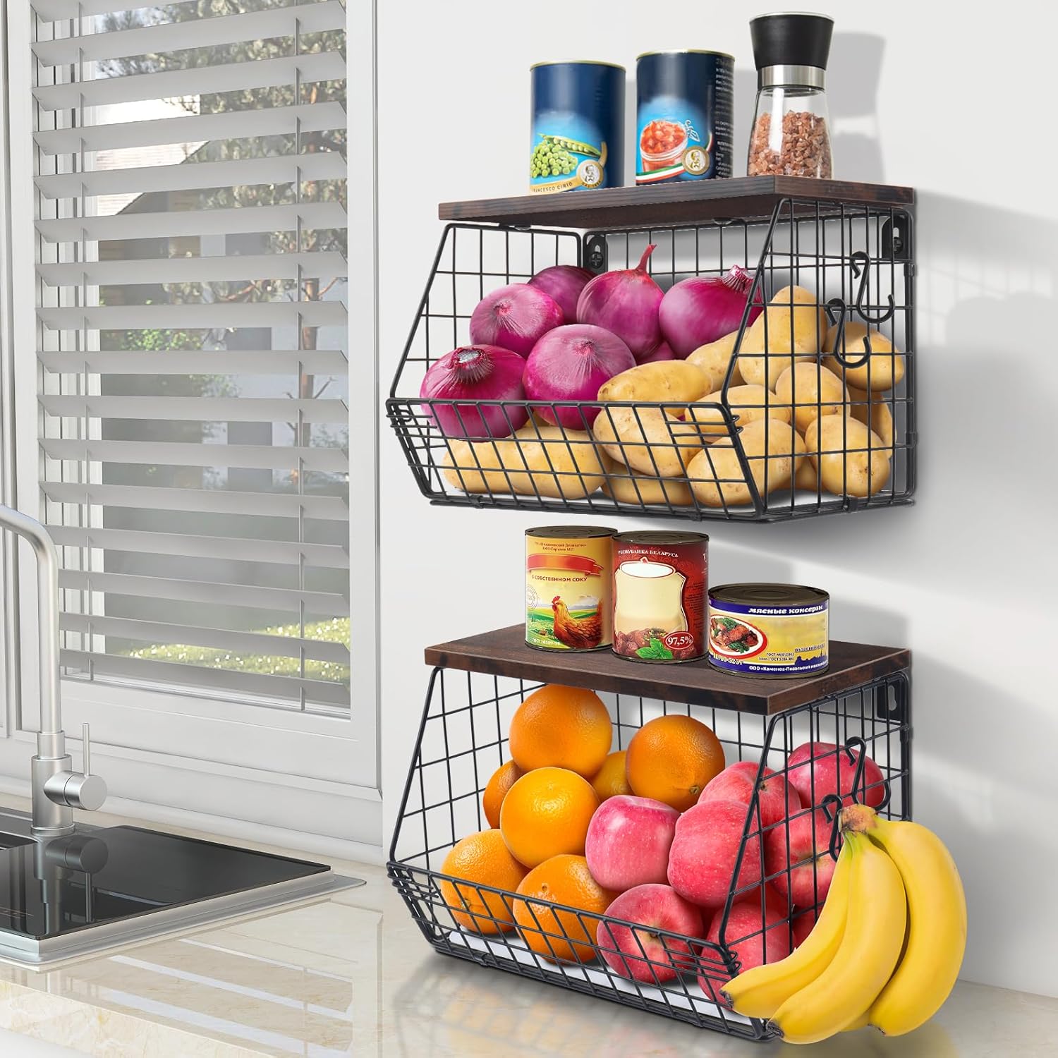 Stackable Wall Basket Fruit Basket / Brown / Large X2 / Set of 2