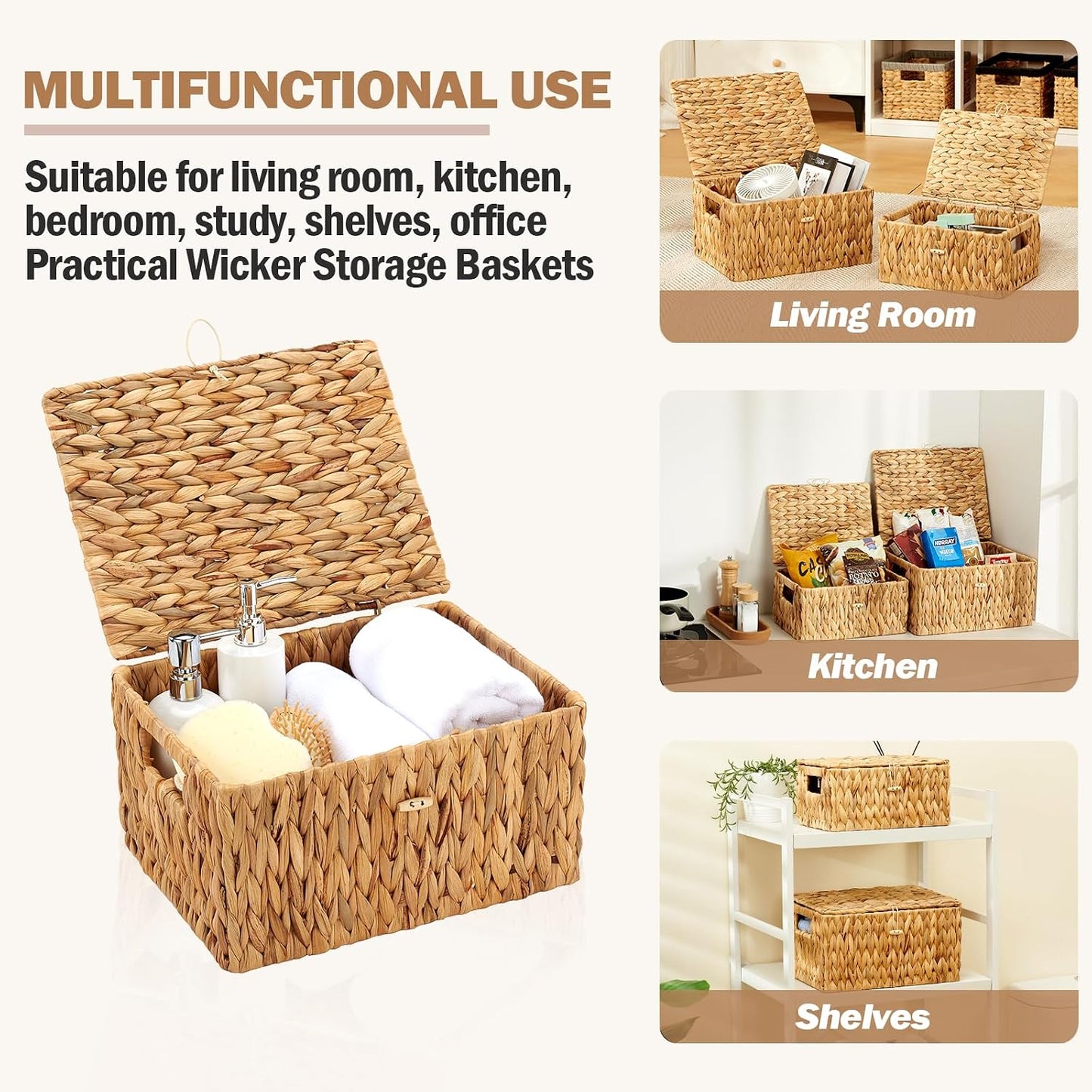 Wicker Basket / Large & Small Storage Basket / 13 x 10 x 7 / Natural with Lid