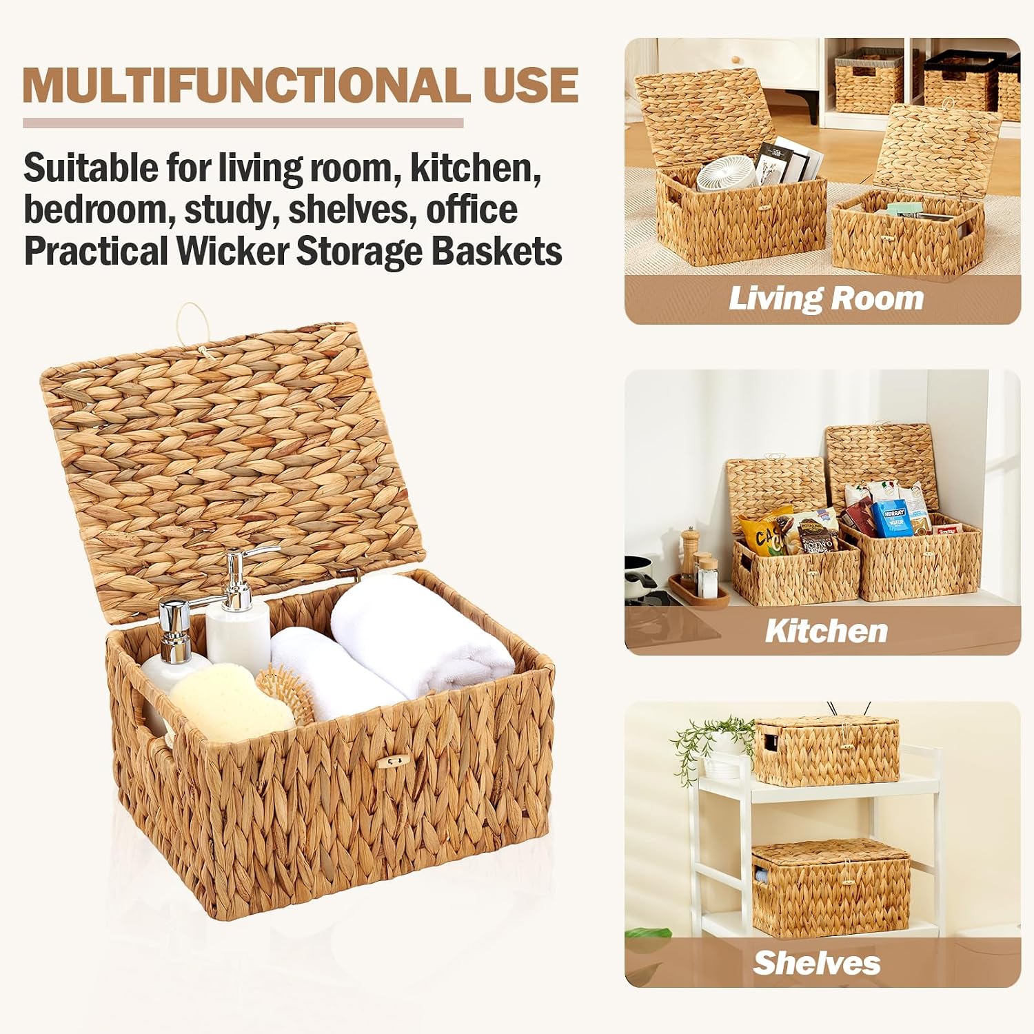 Wicker Basket / Large & Small Storage Basket / 13 x 10 x 7 / Natural with Lid