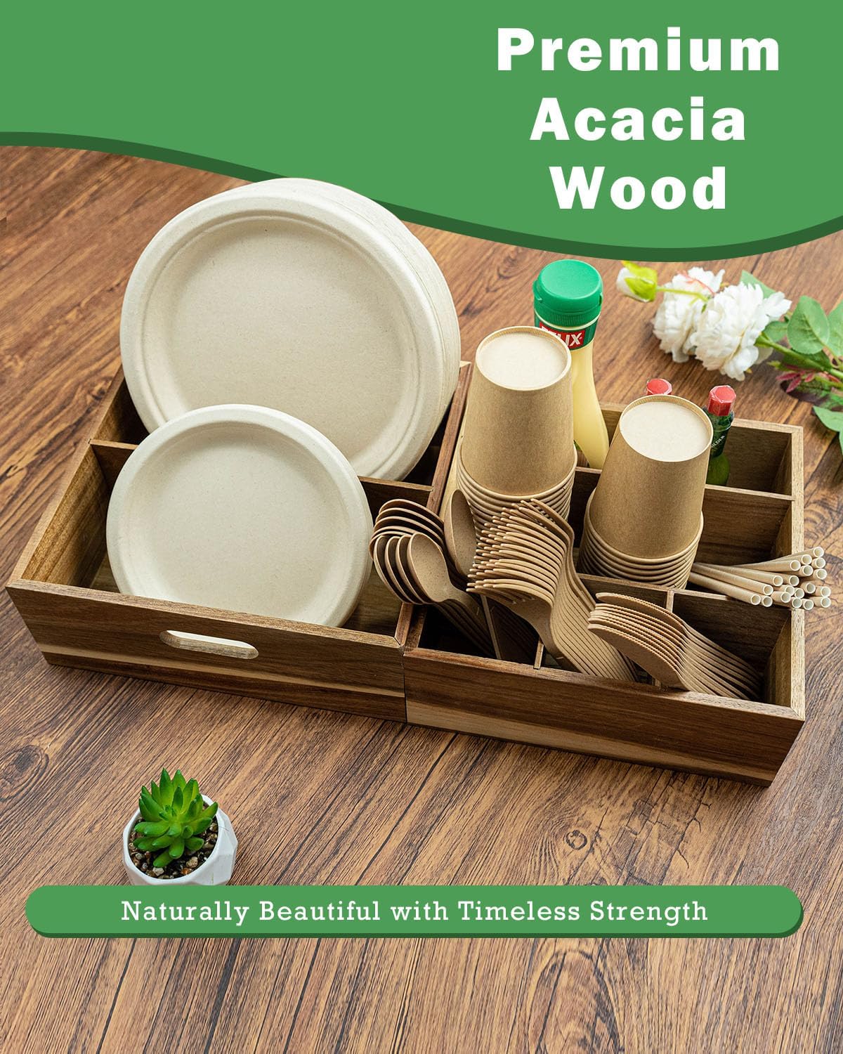 Acacia Wood Utensil Holder for Party -Nested Set of 2(Large 11" x 9.5" Plate Holder & Small 10" x 9" Utensil Caddy)