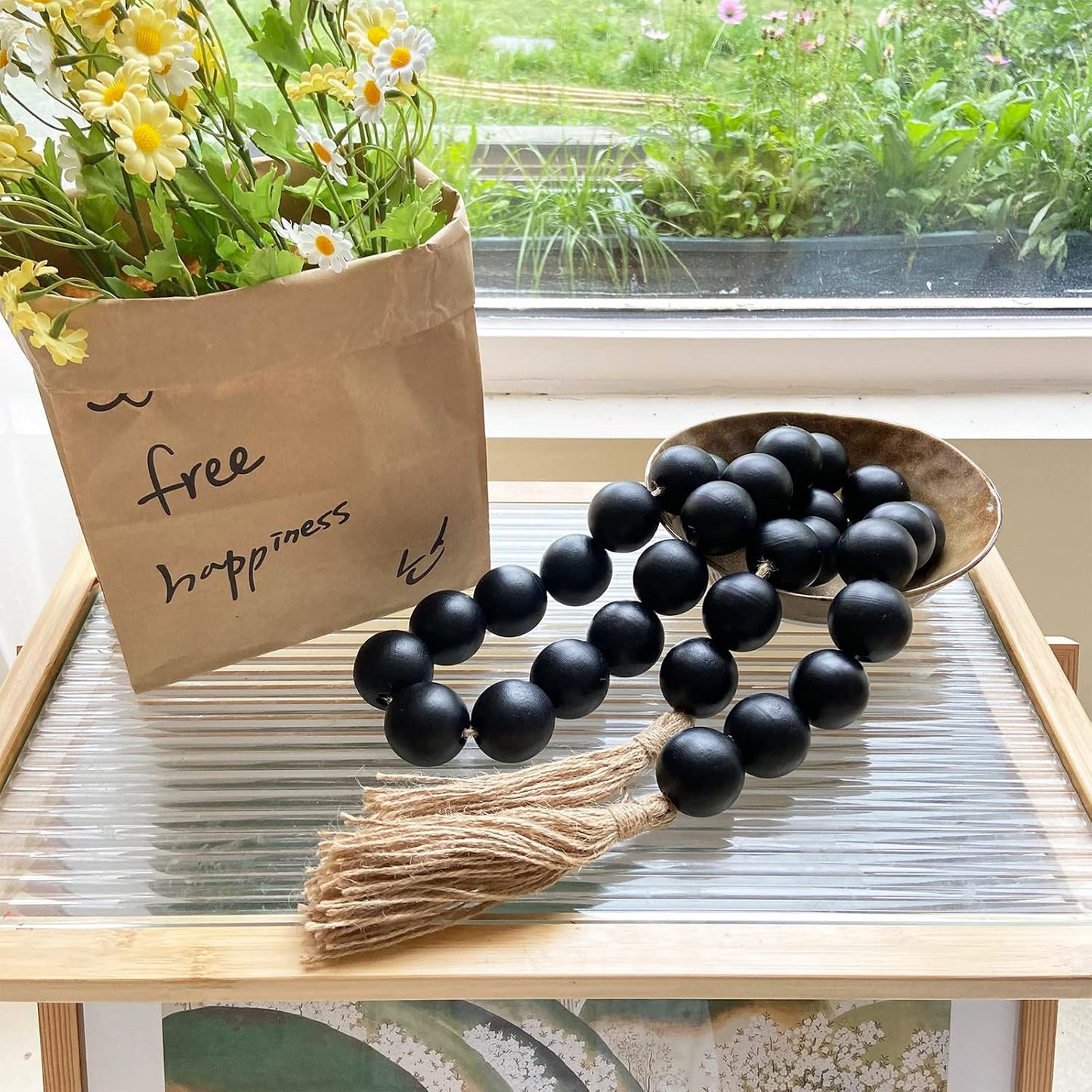 50" Long Extra Large Wood Bead Garland / 3 Black / 50 Inches