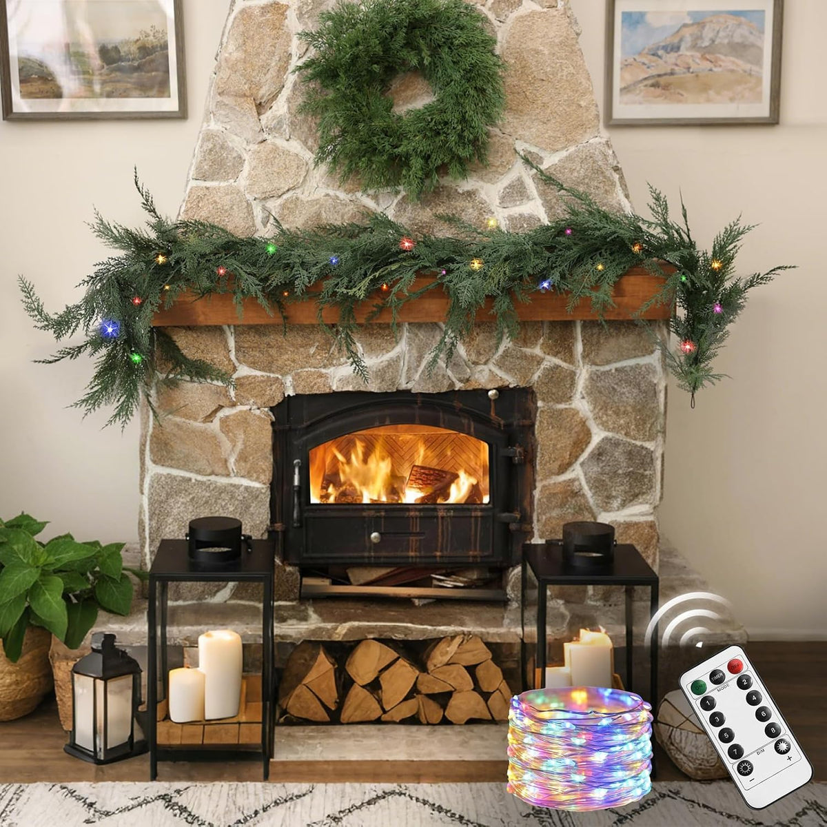 Christmas Cedar Garland Realistic - Cypress Decorations with Lights 6ft for Mantle Lighted Faux Pine Garlands for Xmas