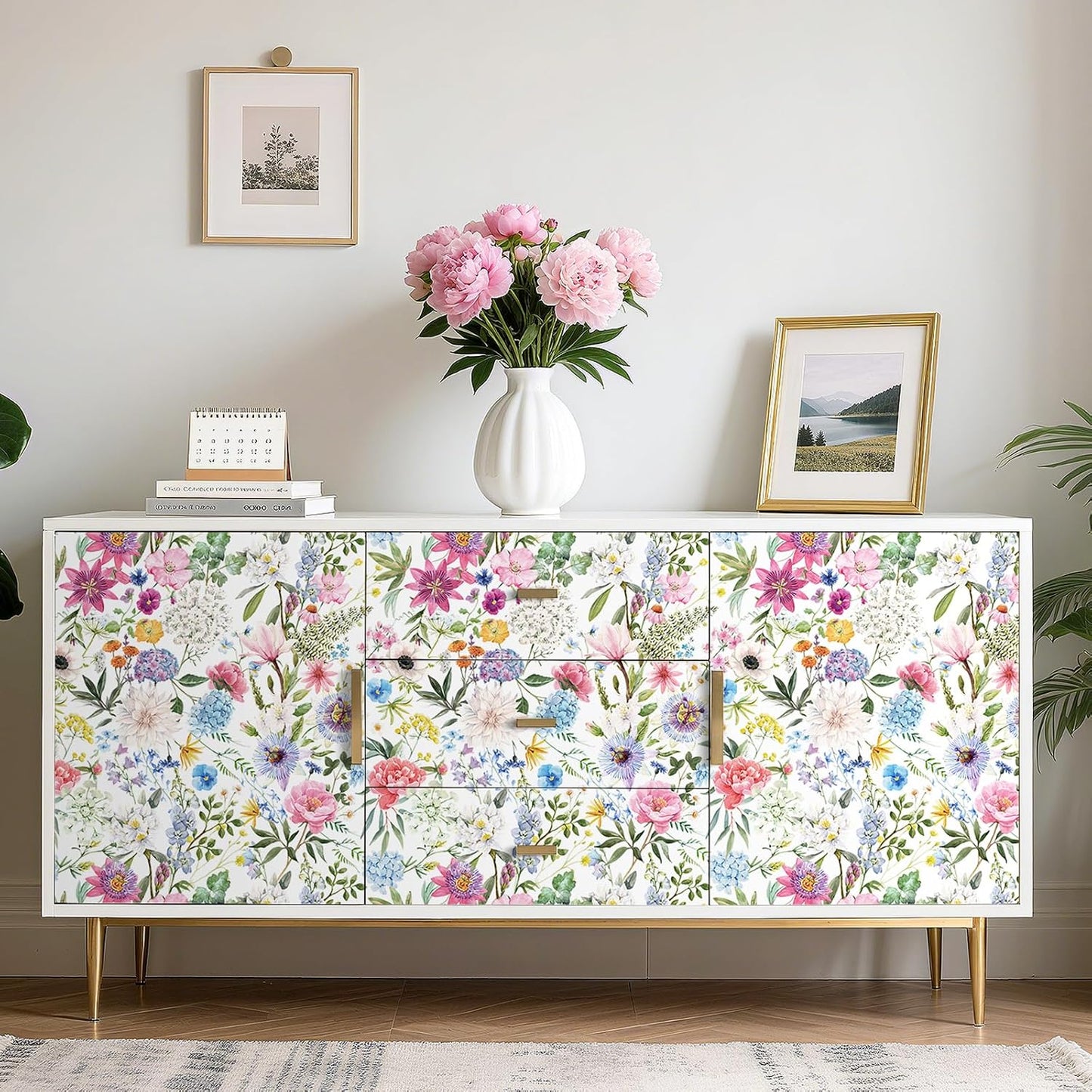 Wallpaper Watercolor Peony Hydrangea Daisy Poppy / 17.5 x 10 / Ft / Multicolor Floral / Pink