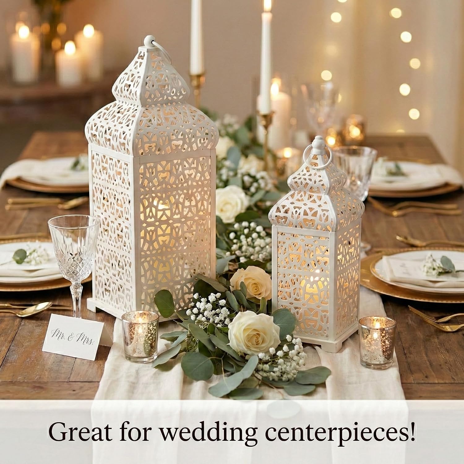 Vela Lanterns Decorative Indoor Moroccan Candle Holders, White, Set of 2 | White Wedding Centerpieces, Ramadan