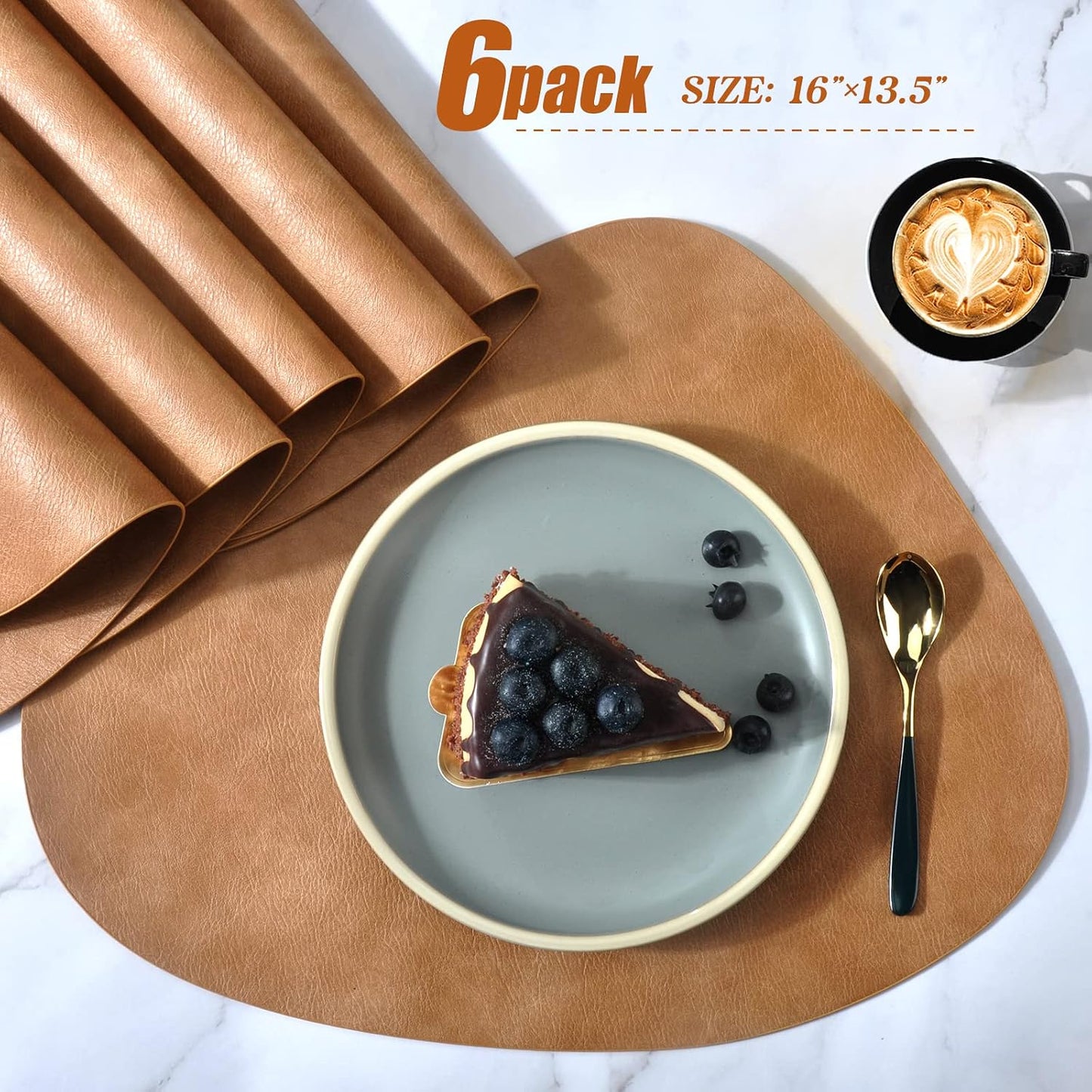 6 Pack Faux Leather Placemats Set Easy to Clean (Brown) | Stain Resistant, Waterproof, Wipeable, Heat Resistant, PU