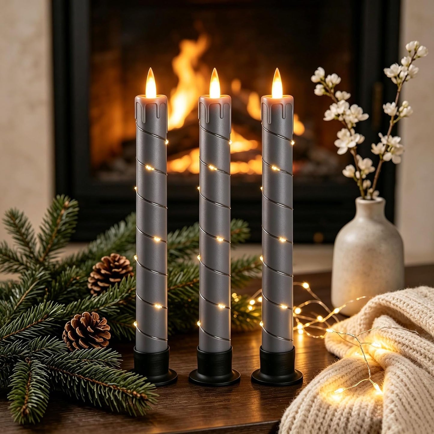 3 Pack Gray Dripping Wax Flameless Candles, Realistic Dynamic Flame LED Taper Candles with Surrounding Fairy String