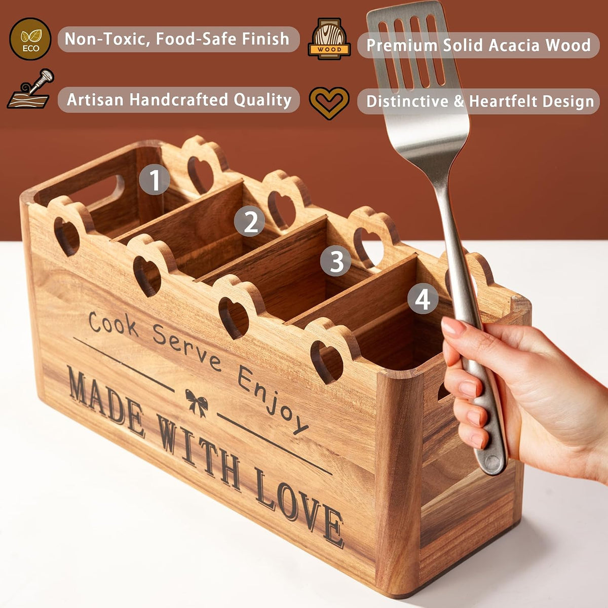 Kitchen Utensil Holder, Large Acacia Wood Organizer for Countertop | Extra Large Farmhouse Style with 4 Compartments