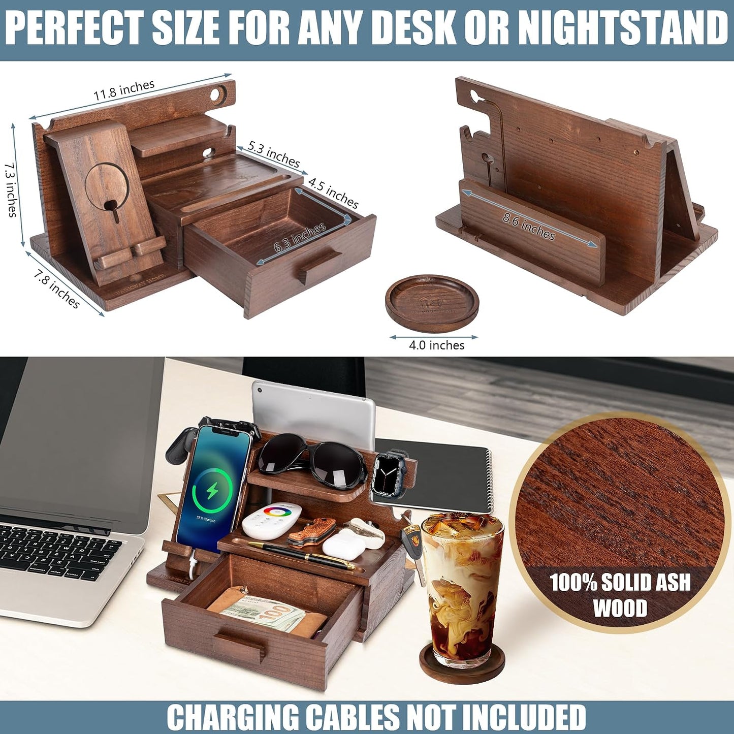 Wood Phone Docking Station with Drawer, Compatible with Apple Watch - Wood Charging Station Organizer Stand, Bedside