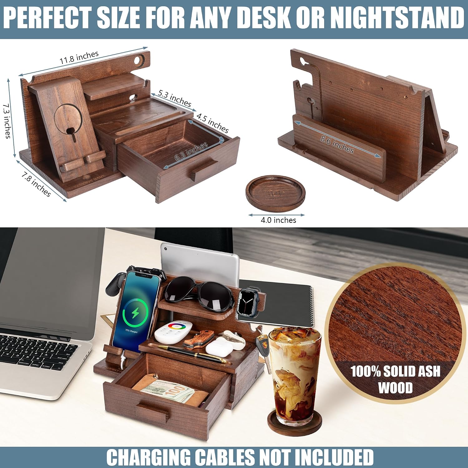 Wood Phone Docking Station with Drawer, Compatible with Apple Watch - Wood Charging Station Organizer Stand, Bedside
