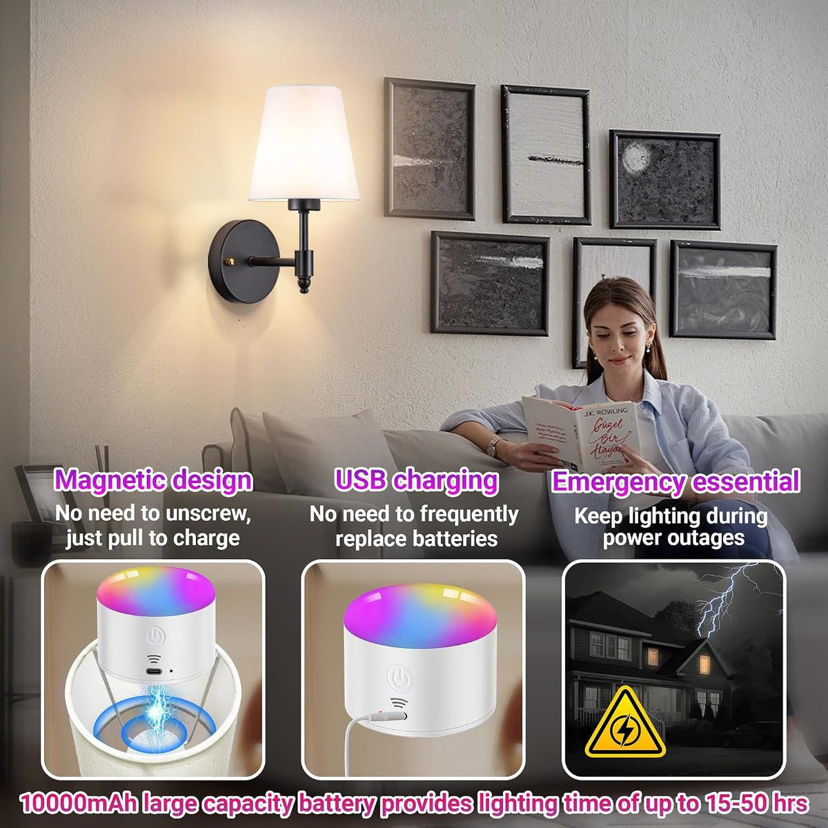 YHCDLAMP Battery Operated Wall Sconces Set of Two, Rechargeable Wireless Wall Lights with 10000mAh RGB Dimmable