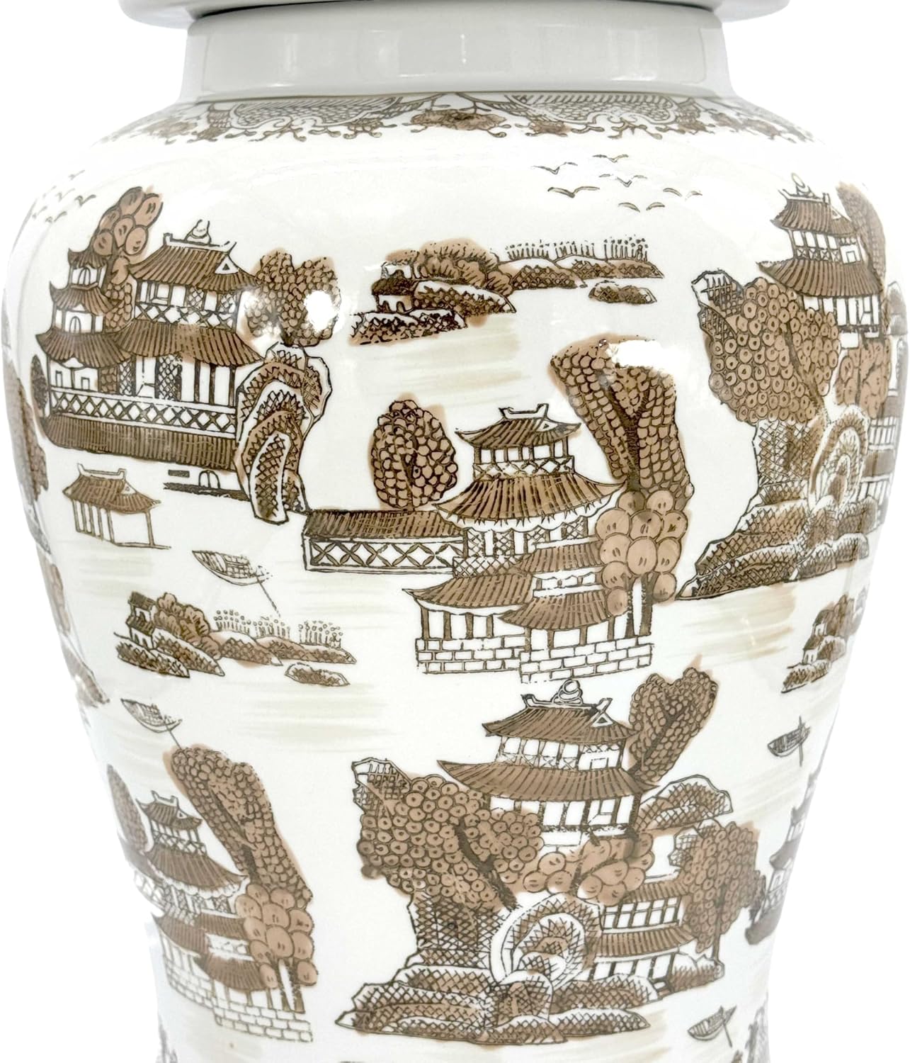 Large 25" Brown & White Landscape Chinoiserie Ceramic Temple Jar w/Lid / Brown & White Landscape