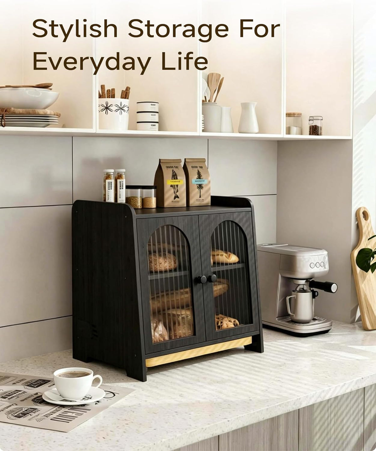 Bread Box for Kitchen Countertop, Large Double Layer Wooden Bread Storage Container with Acrylic Window, Adjustable Air