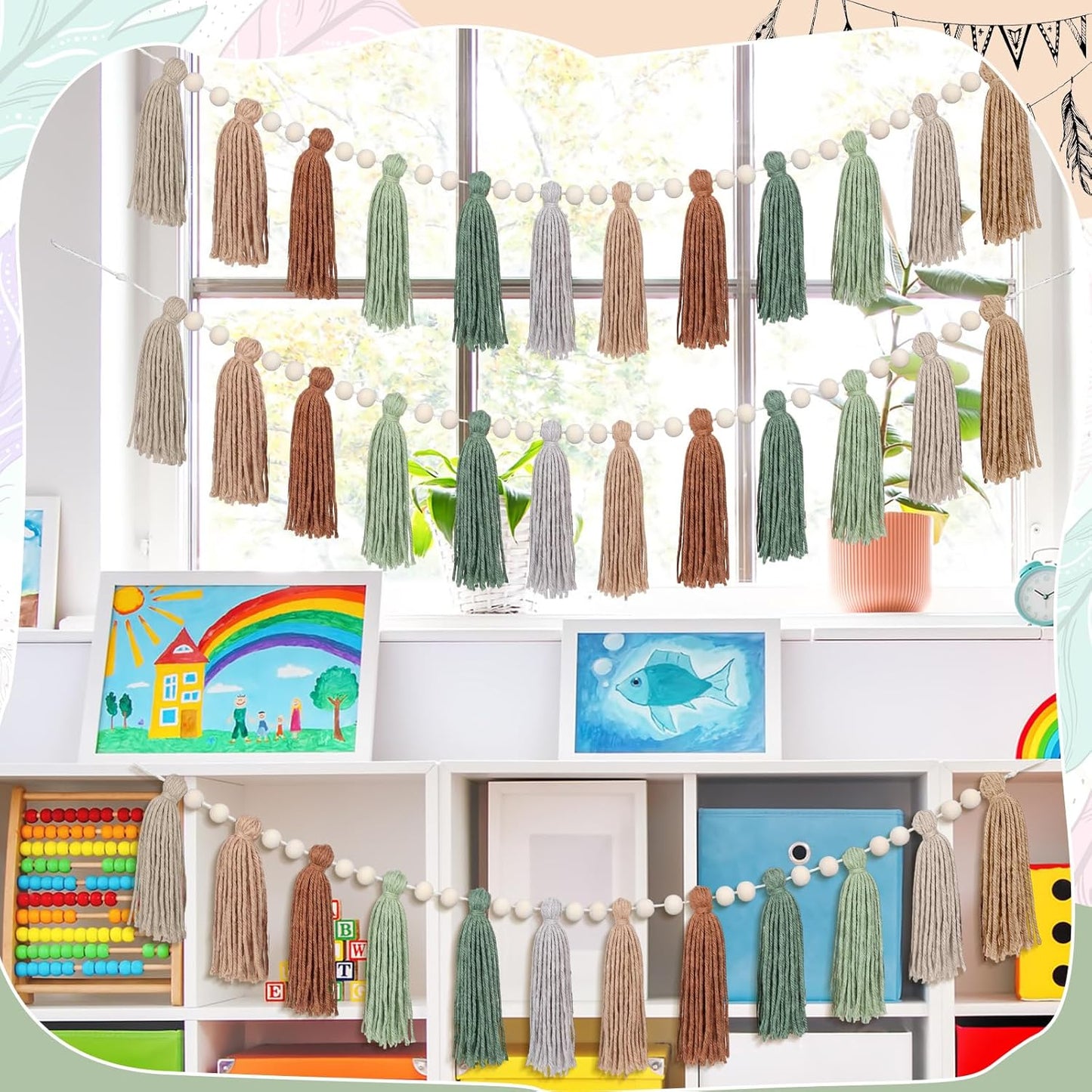 Tassel Garland Boho Wall Decor Colorful Pastel Tassel Wall Hanging / Sage Green / Set of 3