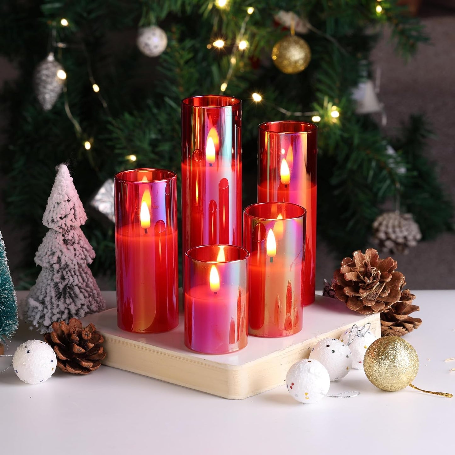 Red Glass Flameless Pillar Candles with Remote Batteries Set of 5 | Flickering Christmas LED Candles, Fireplace Home