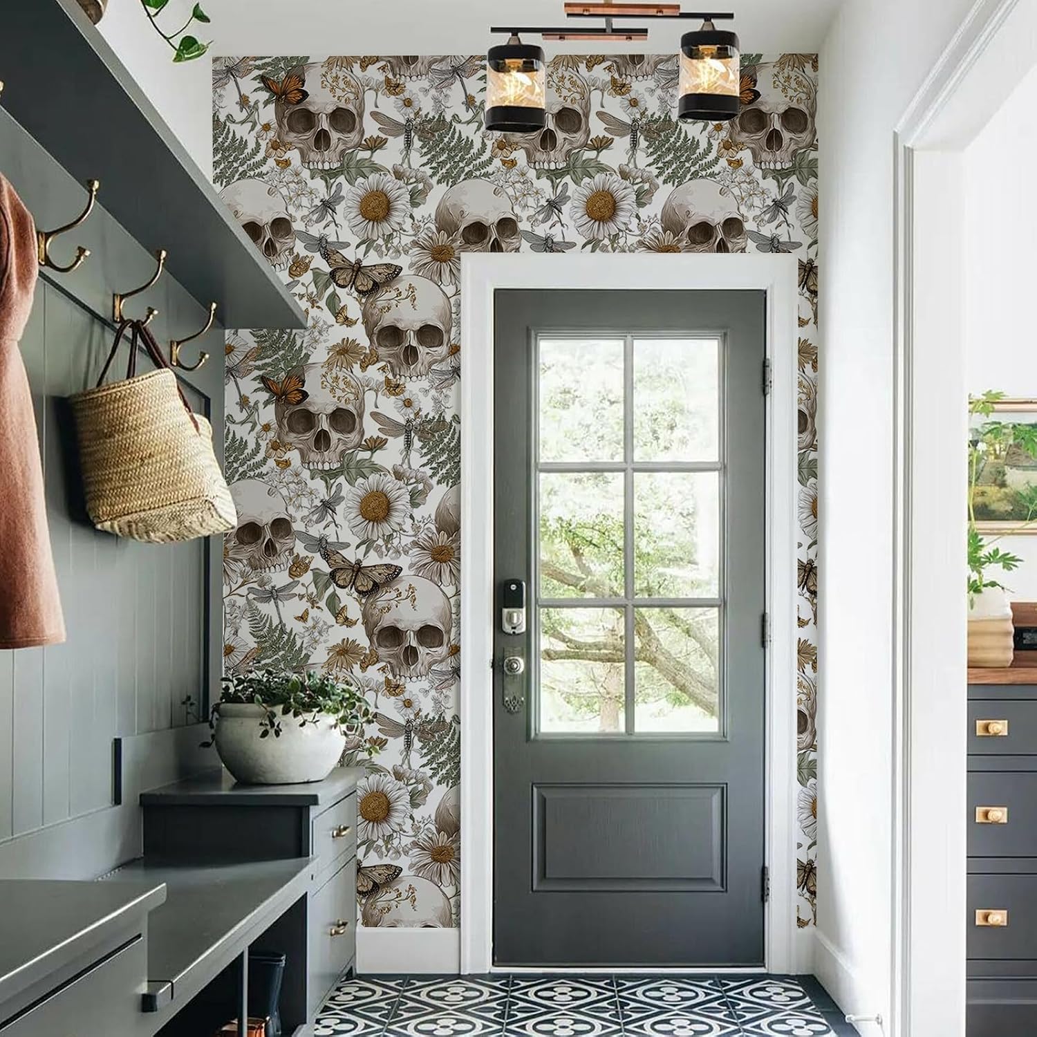 Skulls and Vintage Botanical Peel and Stick Wallpaper / 17.7 x 118.1 / Green/browns/white